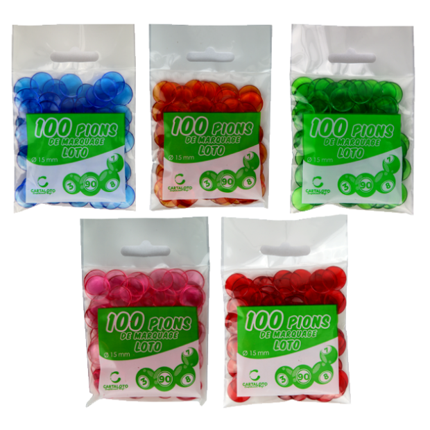 Lot de 50 sachets de 100 pions de loto en plastique transparents