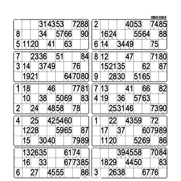 50 Paper 90 ball bingo tickets - 10 grids