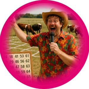 Animateur loufoque de loto bouse avec un tableau de tirage et des vaches dans la grille du loto bouse