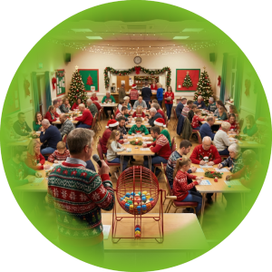 Salle décorée pour Noël avec des participants jouant à un loto convivial, animateur au micro et boulier de loto au premier plan