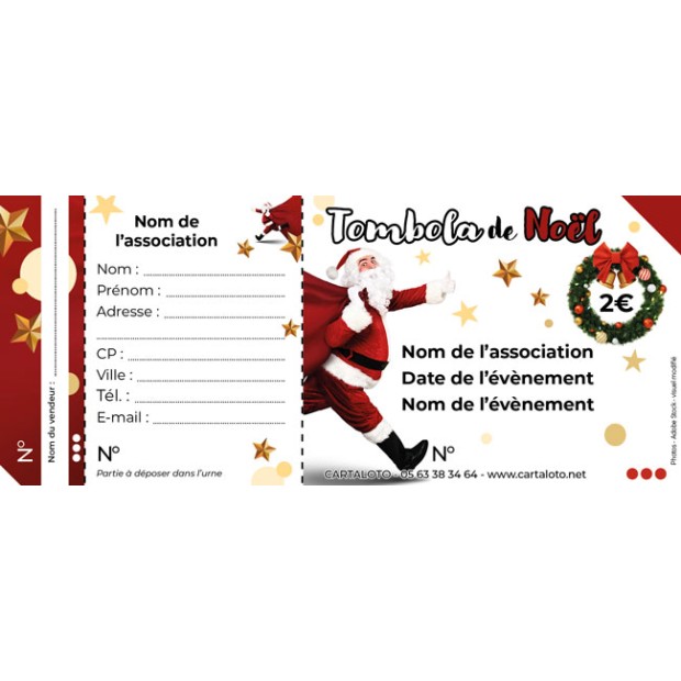 ticket de tombola de Noël avec abiance de noel et le père noel. Ticket de tombola à thème Noël, illustration du Père Noël dessus avec les informations du joueur.