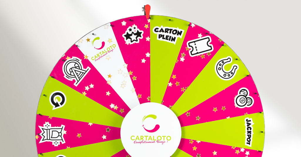 Face avant d'une grande roue de loterie personnalisée vert et rose avec icônes Jackpot, Carton Plein et Quine.