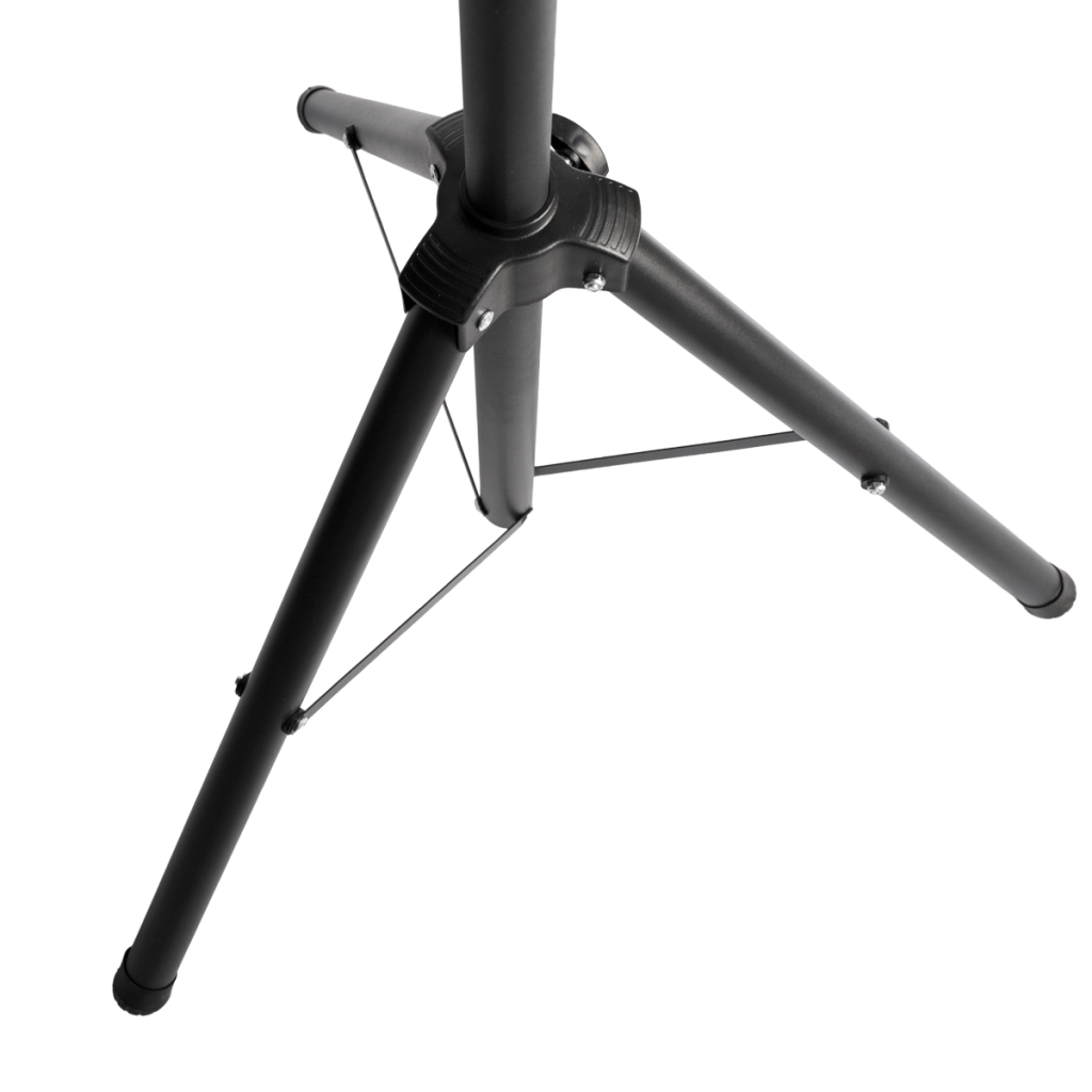 Vue rapprochée de la base du trépied en aluminium noir pliable pour roue de fortune ajustable.