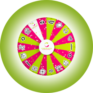 Roue de loterie personnalisée avec des segments vert et rose. Les cases affichent des symboles de jeu comme "Quine !", "Jackpot", une couronne et une liasse de billets de loto. Le logo Cartaloto est au centre.